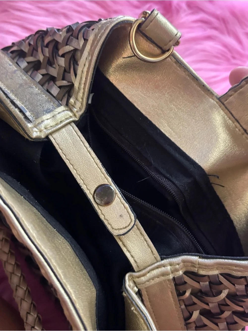 Woven Metallic Bronze Faux Leather Satchel Handbag Braided Handles Boho Chic Pur